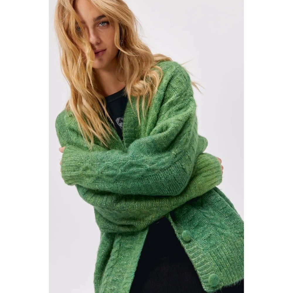 Daydreamer Ombre Cardigan in Green Jade Sz L Cable Knit Fuzzy Wool Blend Grunge - Picture 8 of 15